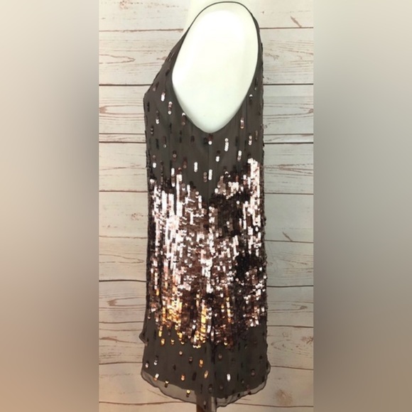 Parker Metallic Bronze & Rose Gold Sequin High Neck Silk Slip Shift Dress - Picture 5 of 8